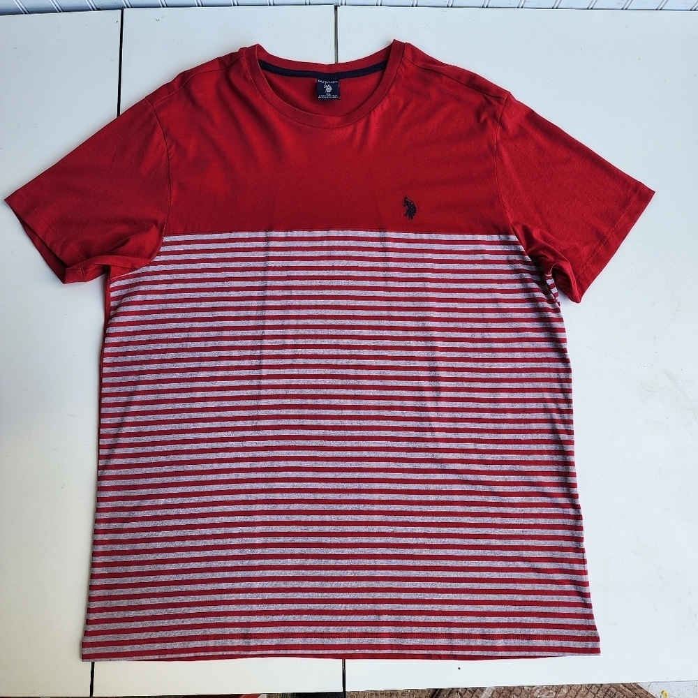 US POLO Assn Shirt Men XL Red Gray Striped Short Sleeve Cotton Embroidered Logo